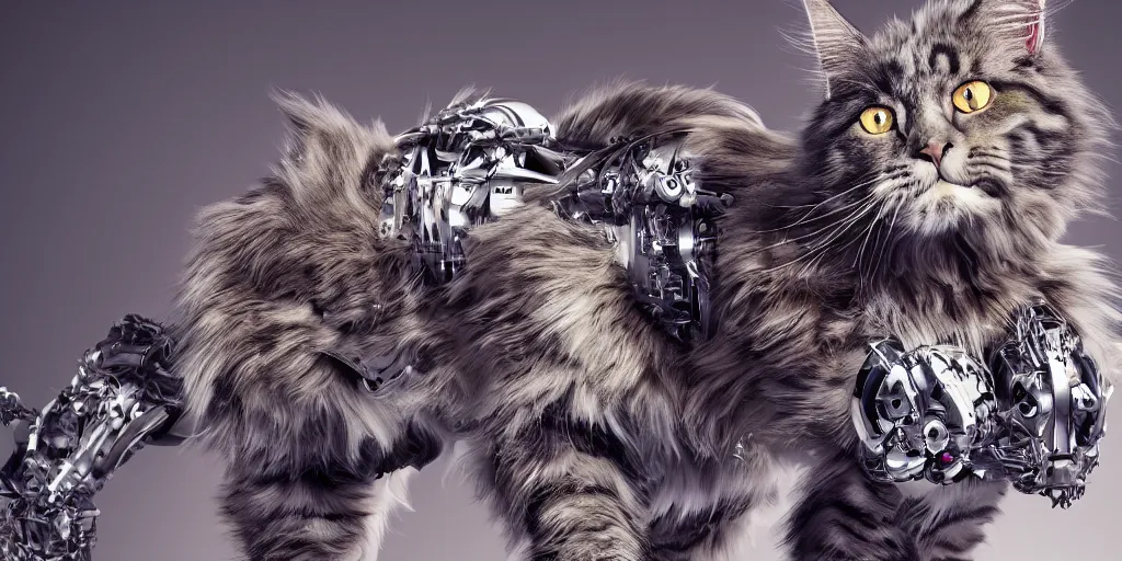 Image similar to maine coon robot cat made of shiny plastic, [ scifi, robot, epic, cinematic, 8 k, octane render, ultra detailed, intricate, ornate, cybernetics, giger, biomechanical ]