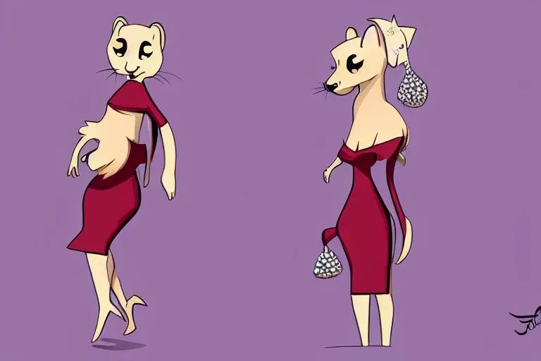 Prompt: detailed flat 2 d : ferret character : wearing diamonds : wearing a stravagant dress : wearing stiletto : head torso legs feet : artstation