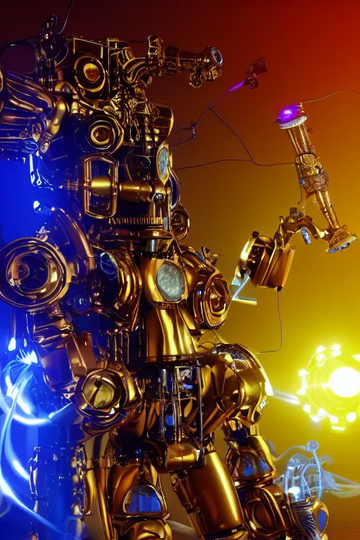 Image similar to portrait photo of a giant huge golden and blue metal humanoid steampunk robot female singer with a human face and gears and tubes, in the foreground is a big red glowing microphone, eyes are glowing red lightbulbs, shiny crisp finish, 3 d render, 8 k, insaneley detailed, fluorescent colors, background is multicolored lasershow