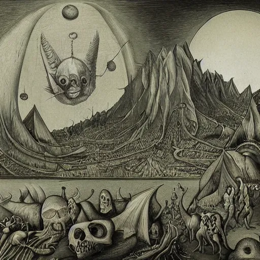 Image similar to the end of the world by hironymous bosch, detailed drawing,