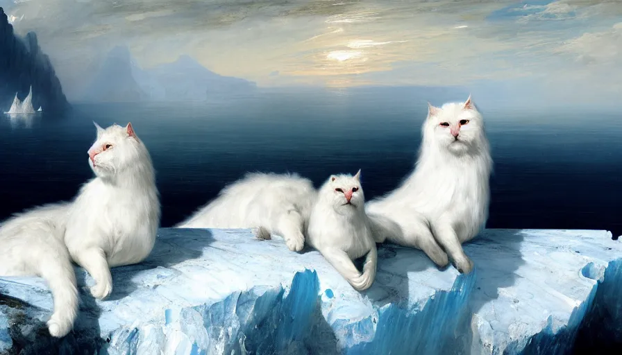 Image similar to highly detailed painting of white giant griffon cat seals on a blue and white iceberg by william turner, by greg rutkowski, by william constable, thick brush strokes and visible paint layers, 4 k resolution