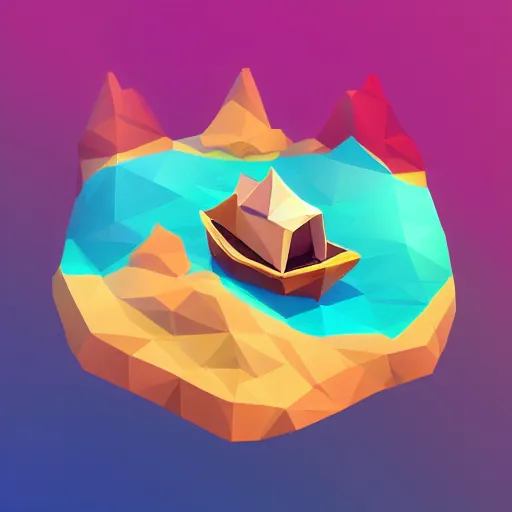 Image similar to boat in the dessert filled with gems, game concept, low poly, isometric