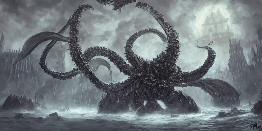 Image similar to a giant kraken as a dark souls final boss, concept art, digital painting, trending on arstation