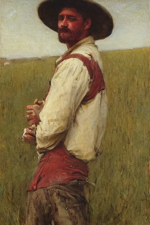 Image similar to Solomon Joseph Solomon and Richard Schmid and Jeremy Lipking victorian genre painting full length portrait painting of a young farmer working in the field, red background