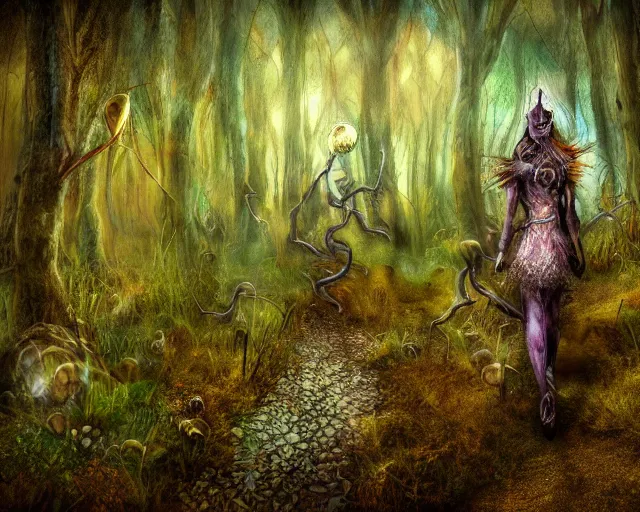 Image similar to fae queen walks through fungal landscape, weta hdr