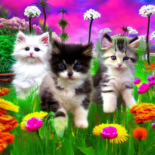 Image similar to fluffy puppies and kittens playing in the flower garden, deep dream, digital art, hyperealism, textured 3 d, photorealistic, concept art, intense detail, art station, 4 k