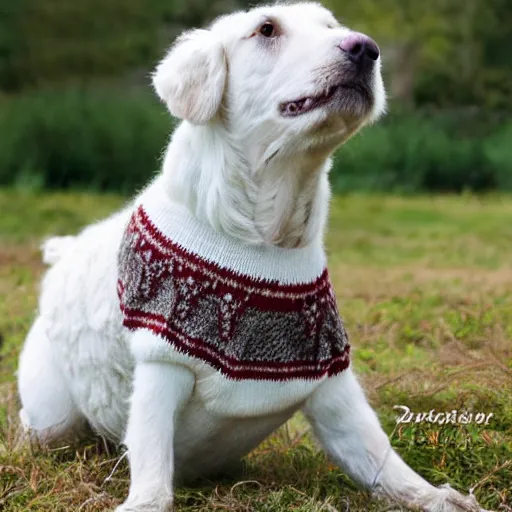 Prompt: photo realistic white and brown danish-Swedish farm dog wearing a knitted sweater, epic,