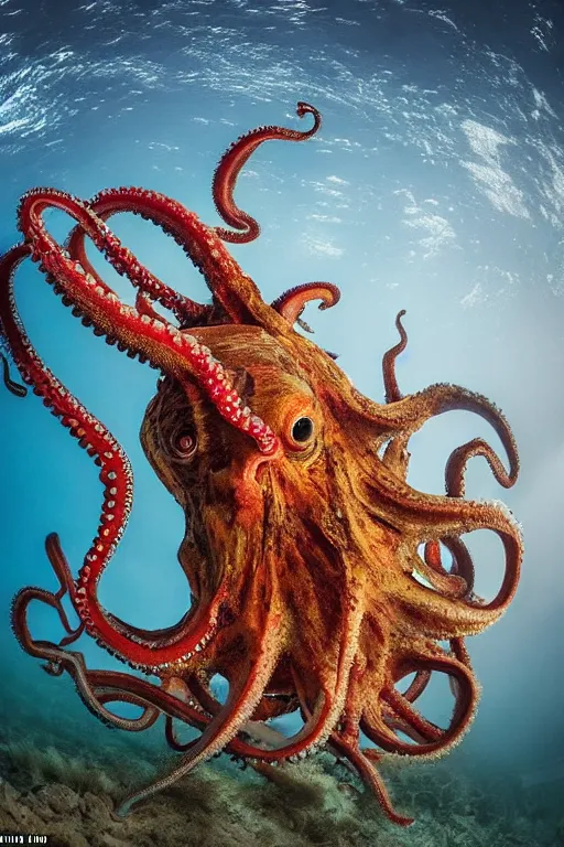 Image similar to a spectacular wideangle shot of a giant scary octopus dressed a a rococo queen, award winning National Geographic Nature photography