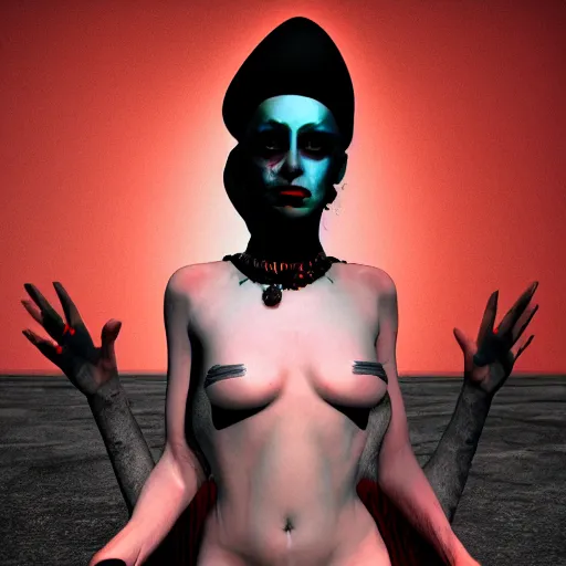 Prompt: queen of the darkness, self help author, in the style of grand chamaco and pedro conti and stanley kubrick, inspired by die antwoord, photorealistic, epic, super technical, 3 d render