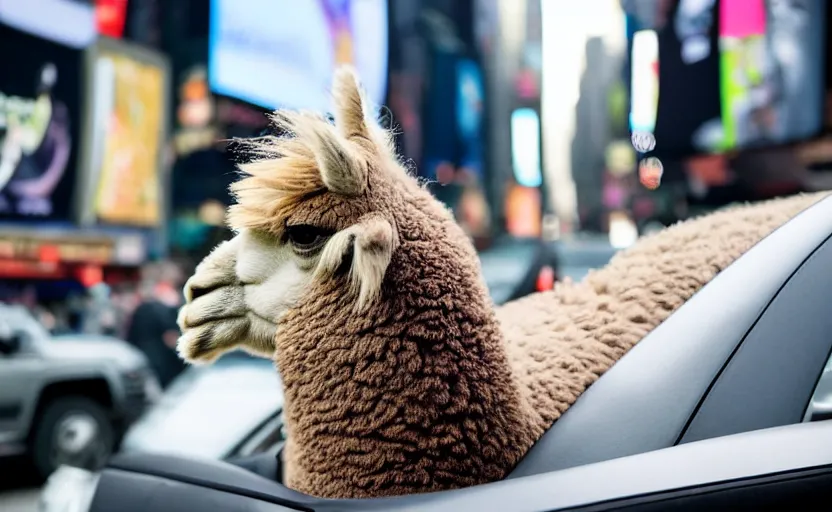 Image similar to a old photo of alpaca sitting in a car, looking out of the window and his hair is flying in the wind, riding through times square 8 k