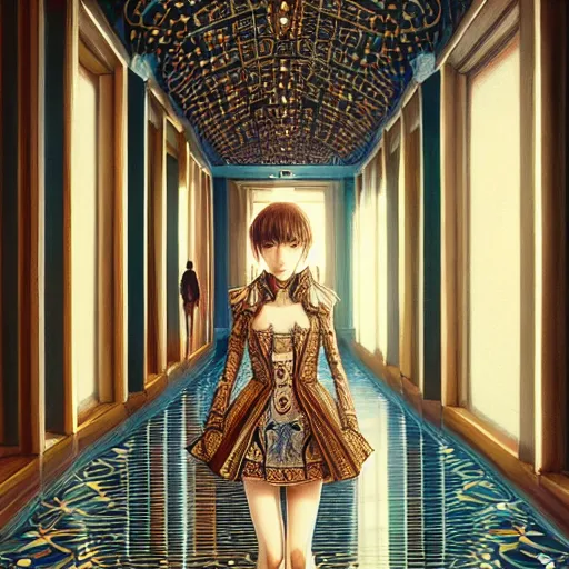 Prompt: beautiful girl in intricate clothing walking through a hallway of mirrors, reflections, very high intricate details, painting, digital anime art, medium shot, mid - shot, wlop, ilya kuvshinov, artgerm, krenz cushart, greg rutkowski, sana takeda