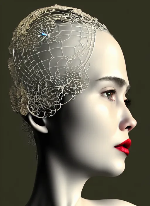 Image similar to complex 3d render ultra detailed of a beautiful porcelain profile woman face, mechanical cyborg, 150 mm, beautiful natural soft light, rim light, silver gold details, magnolia big leaves and stems, roots, fine foliage lace, maze like, mesh wire, intricate details, hyperrealistic, ultra detailed, mandelbrot fractal, anatomical, red lips, white metal neocubism armor, facial muscles, cable wires, microchip, elegant, octane render, H.R. Giger style, 8k