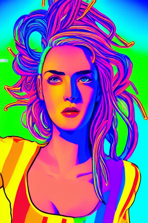 Prompt: a award winning half body portrait of a beautiful woman with stunning eyes in a croptop and cargo pants with rainbow colored hair blowing in the wind, outlined by whirling illuminated neon lines, outrun, vaporware, shaded flat illustration, digital art, trending on artstation, highly detailed, fine detail, intricate