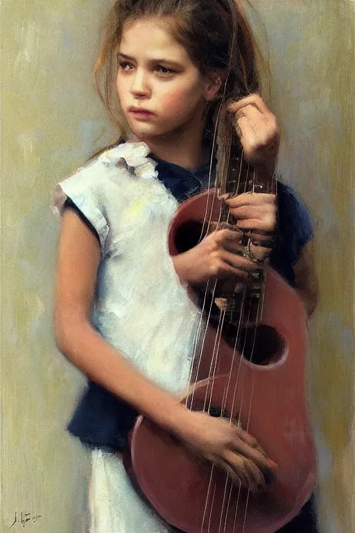 Prompt: “ little girl, pigtails hairstyle, practicing guitar, jeremy lipking, joseph todorovitch, casey baugh ”