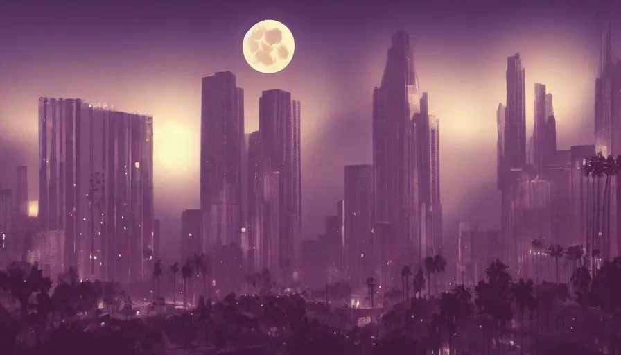 Prompt: Digital painting of Neo-Gothic Los Angeles at night with a big moon, wide angle, volumetric light, hyperdetailed, artstation, cgsociety, 8k