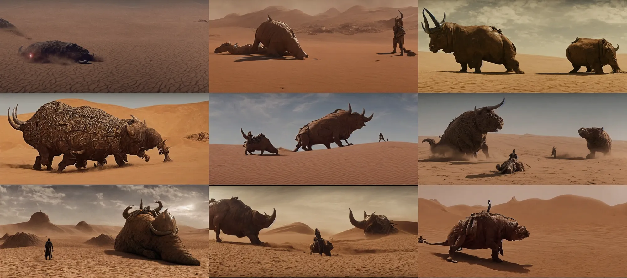 Prompt: screenshot from dune movie, desert landscape, a giant bull emerging from the sand