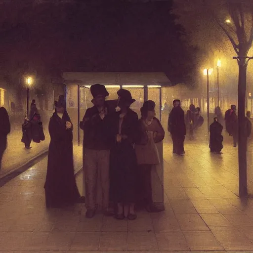 Image similar to a some people waiting in a lone bus stop in quiet dark city night by william adolphe bouguereau, high quality, high resolution,detailed