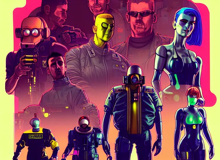 Image similar to cyberpunk hazmat nuclear containment squad. portrait by stonehouse and mœbius and will eisner and gil elvgren and pixar. character design. realistic proportions. cyberpunk 2 0 7 7 character art, blade runner 2 0 4 9 concept art. cel shading. attractive face. thick lines. the team. diverse characters. artstationhq.