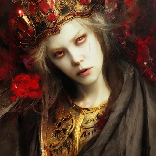 Prompt: a beautiful gothic princess crying tears of blood, by Ruan Jia, vivid color, highly detailed,