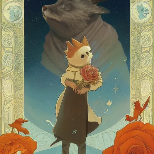 Image similar to the little prince, clear face, roses, foxes, poster, by andrei riabovitchev, shaun tan, alphonse mucha, and peter mohrbacher, trending on artstation, fairy tale cover