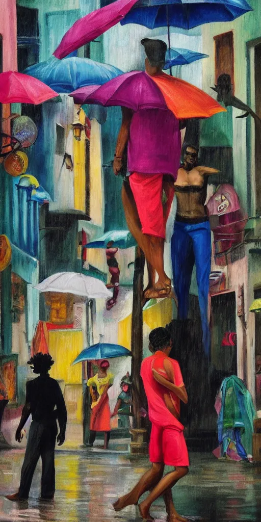 Prompt: local people having fun in the city of salvador, brazil, black people, relaxed poses, pastel colors, night, rain, noir, artwork by edward hopper, interiors, leisure activities, close medium shot, strange vegetation, futuristic, people, cinematic lighting, atmospheric, andrei tarkovski, trending on artstation