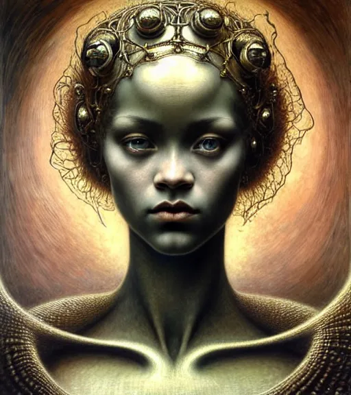 Image similar to detailed realistic beautiful young medieval alien robot rihanna face portrait by jean delville, gustave dore and marco mazzoni, art nouveau, symbolist, visionary, gothic, pre - raphaelite. horizontal symmetry by zdzisław beksinski, iris van herpen, raymond swanland and alphonse mucha. highly detailed, hyper - real, beautiful