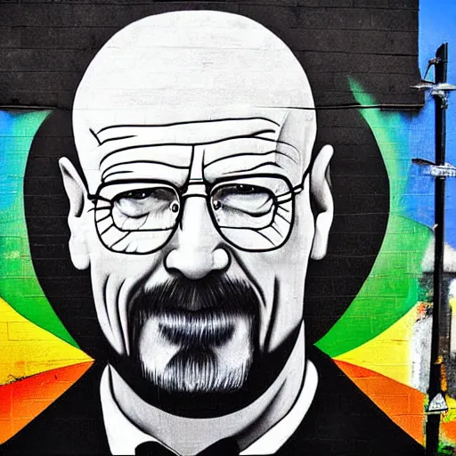 Prompt: street mural of a smiling walter white, high realism, photograph