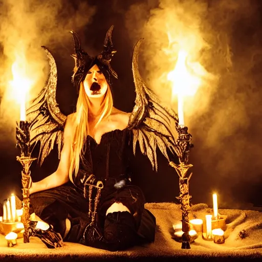 Image similar to gothic ritual with many golden candles, german shepherd with dragon wings in gothic makeup performing ritual, gloomy, candlelight, intricate detail faces, fireplace wide angle shot photograph