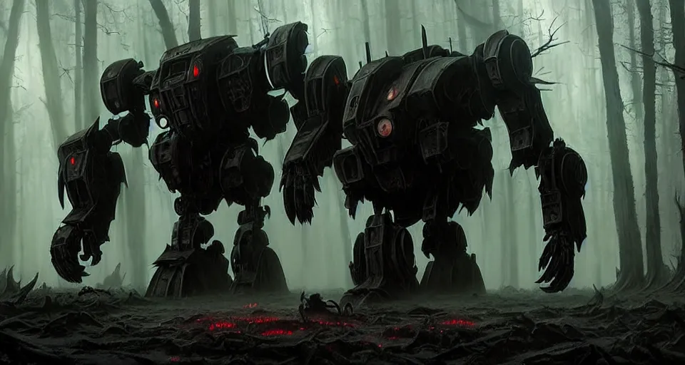 Image similar to giant darkgothic battlemech walking through a grimdark forest, the feeling of dark fantasy magic, hyper realistic sci - fi matte concept art painting, beautiful details, strong composition painted by kim jung guweta studio rutkowski, james gurney and greg rutkowski, and lucasfilm, smooth, intricate, detailed, sharp focus, cinematic