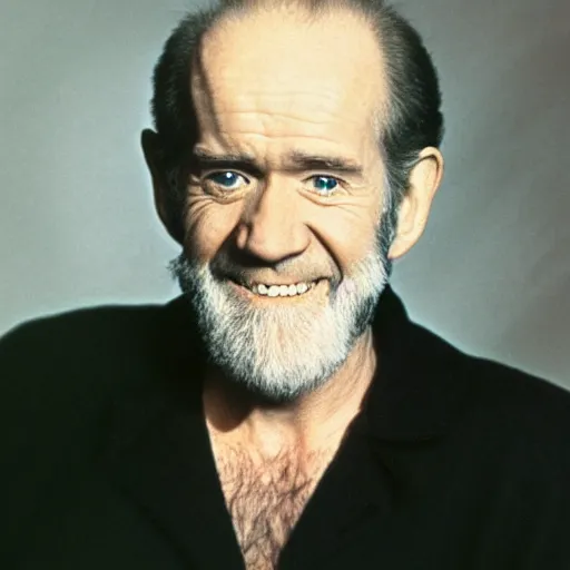 Image similar to George Carlin looking into the camera with Devil horns on his head with devilish grin