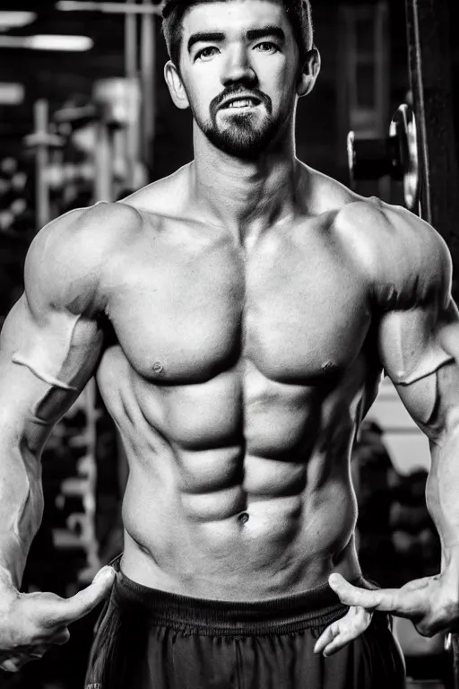 Image similar to Sean McLoughlin, jacksepticeye, jack, irish youtuber, is a jacked muscle builder gigachad, grayscale photography