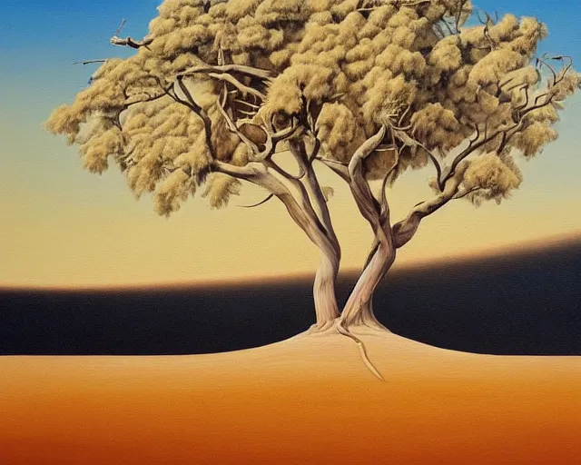 Image similar to a painting of a tree in the desert, an airbrush painting by breyten breytenbach, sea of sand, cgsociety, neo - primitivism, airbrush art, dystopian art, apocalypse landscape