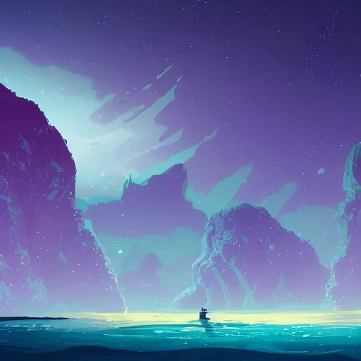 Image similar to sea under starry sky with reefs, light purple tones, animated film, stylised, illustration,, fantasy art, 2 d game art, by eyvind earle, scott wills, genndy tartakovski, roman shipunov, etienne hebinger, atey ghailan, cgsociety, cynical realism