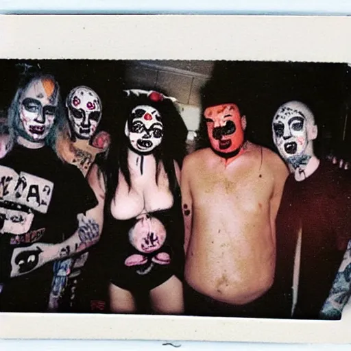 Image similar to found polaroid photo of juggalo trash humpers, wtf