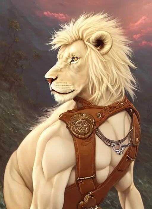 Prompt: aesthetic portrait commission of a of a male fully furry muscular anthro albino lion wearing a summer outfit and leather harness with a tail and a beautiful attractive hyperdetailed face at golden hour, fully clothed . Character design by charlie bowater, ross tran, artgerm, and makoto shinkai, detailed, inked, western comic book art, 2021 award winning film poster painting