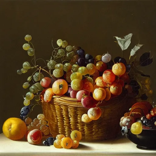 Image similar to a painting of a basket of fruit on a table, a still life by jan davidsz. de heem, deviantart, rococo, dutch golden age, rococo, oil on canvas