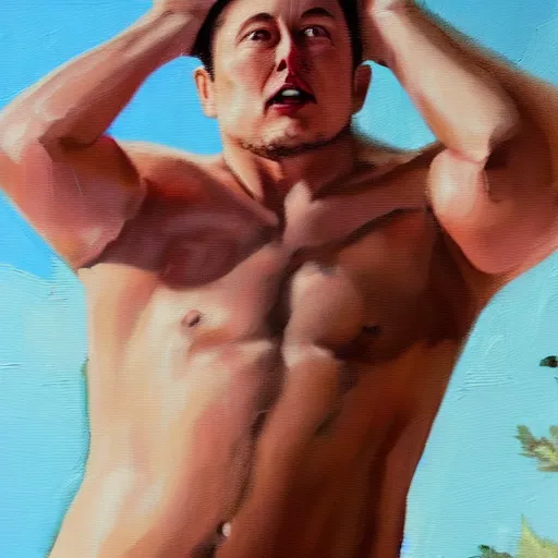 Prompt: photorealistic painting of Elon Musk wearing a bikini