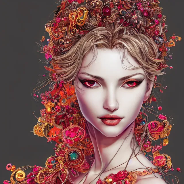 Image similar to an absurdly beautiful, elegant, young hypercolorful sensual woman made of rubies and red gems, ultrafine hyperrealistic detailed face illustration by kim jung gi, irakli nadar, intricate linework, sharp focus, bright colors, matte, octopath traveler, final fantasy, unreal engine highly rendered, global illumination, radiant light, intricate environment