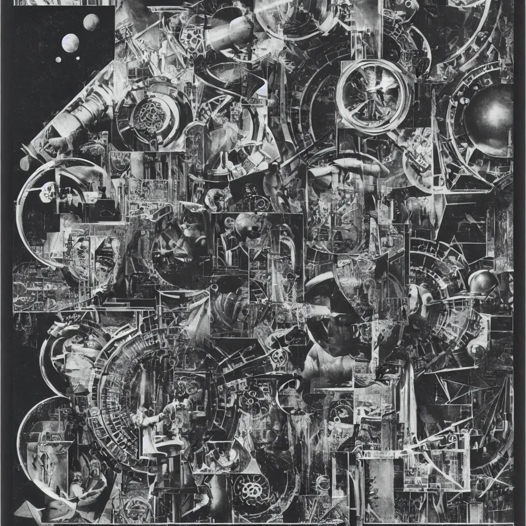 Image similar to 1970 magazine cut out collage of steam punk machinery for space exploration, max ernst, 35 mm graflex,