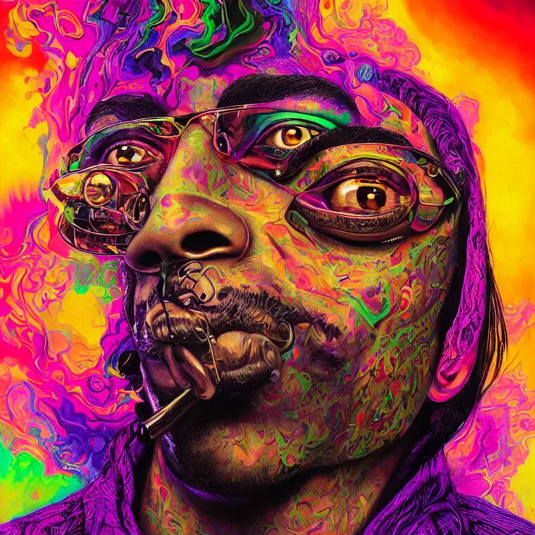 Prompt: An extremely psychedelic experience, colorful, surreal, dramatic lighting, snoop dogg, smoking, LSD, face, detailed, intricate, elegant, highly detailed, digital painting, artstation, concept art, smooth, sharp focus, hyper detailed golden ratio illustration, rich deep colors. masterpiec, Beksinski paintin, art by Sam Spratt, San Mumford, Artem Demura and Alphonse Mucha