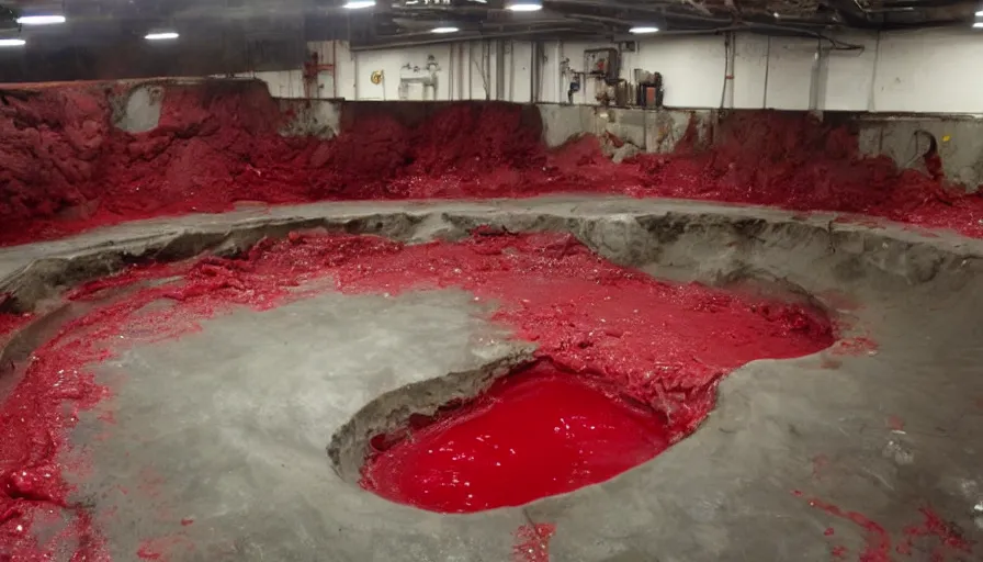 Image similar to secret underground lab with vat of red slime in the middle