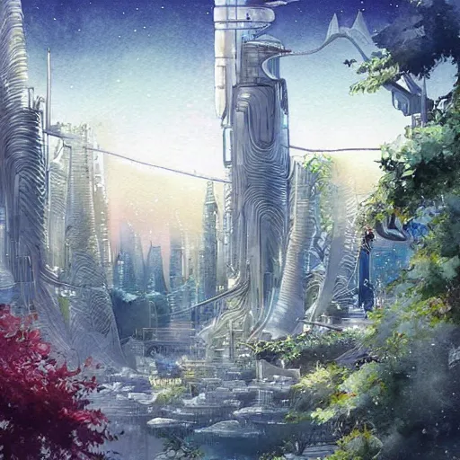 Prompt: Beautiful happy sci-fi city in harmony with nature. Nice colour scheme, soft warm colour. Beautiful detailed watercolor by Lurid. (2022)