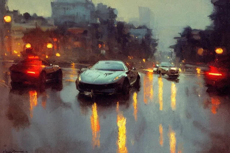 Prompt: john singer sargent painting of cars waiting for traffic light in san francisco at night, taillights, puddles, reflections, hills, by ilya repin, craig mullins