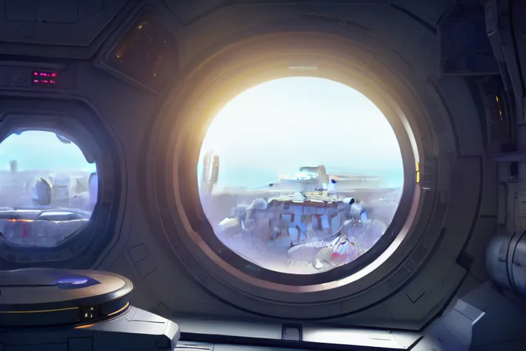 Image similar to interior of space base in orbit with a huge window, on the window you can see the planet below clearly, the planet is warm with canyons, sharp focus, concept art, very detailed, very realistic, trending on artstation, in the style of star citizen, star wars, overwatch, elite dangerous, beautiful, sci fi, unreal engine,