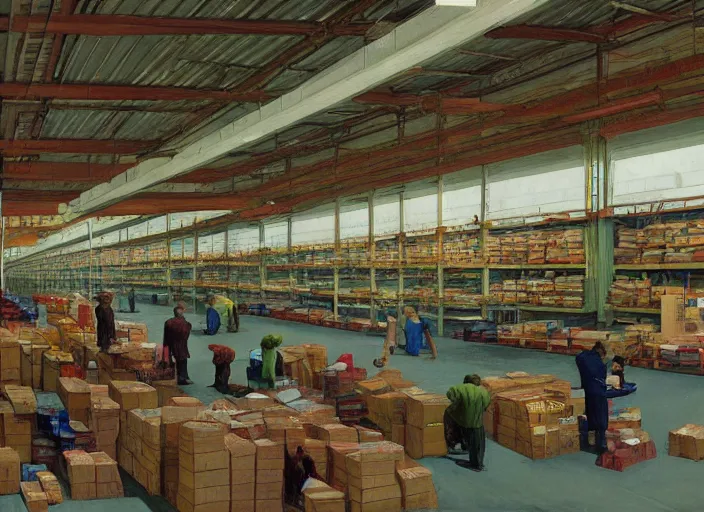 Image similar to inside a giant warehouse Amazon fulfillment center, people stacked on shelves in plastic bags Edward Hopper and James Gilleard, Zdzislaw Beksinski, highly detailed