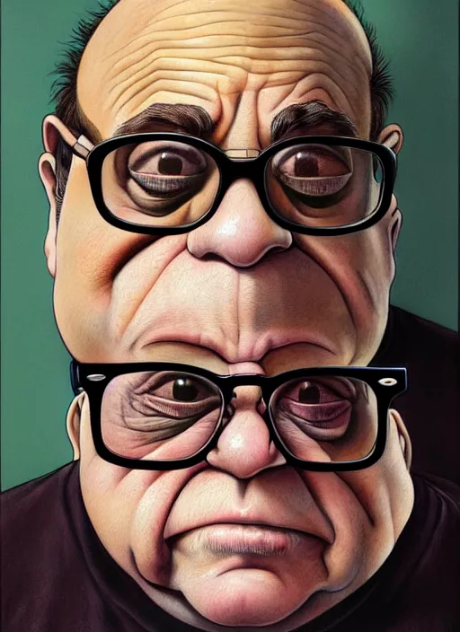 Prompt: a stunning detailed portrait of danny devito as a frog - boy wearing big glasses. subsurface scattering. vibrant colors. low brow art. by bagshaw, caravaggio, ryden, alex gray. bibin. richard clifton - dey. wlop. ghibli. sharp focus. dramatic lighting.