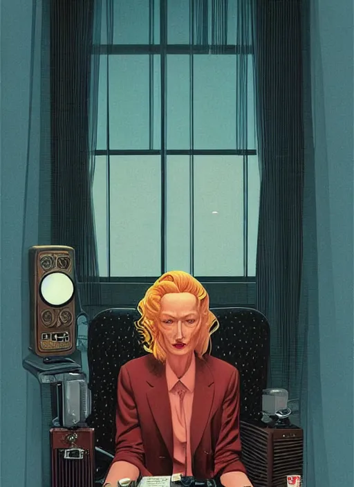 Prompt: Twin Peaks poster artwork by Michael Whelan, Bob Larkin and Tomer Hanuka, Karol Bak of portrait of radio host Tilda Swinton lounging in her radio sound booth, alone, late at night, from scene from Twin Peaks, simple illustration, domestic, nostalgic, from scene from Twin Peaks, clean, cover of New Yorker magazine