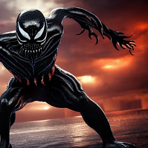 Image similar to full body pose, hyperrealistic photograph of venom, dim volumetric lighting, 8 k, octane beautifully detailed render, extremely hyper detailed, intricate, epic composition, cinematic lighting, masterpiece, trending on artstation, very very detailed, stunning, hdr, smooth, sharp focus, high resolution, award, winning photo, dslr, 5 0 mm