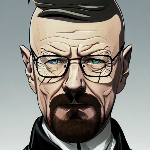 Image similar to Walter White anime portrait, mattepainting concept pixar maya engine on stylized background splash comics global illumination lighting artstation lois van baarle, ilya kuvshinov, rossdraws