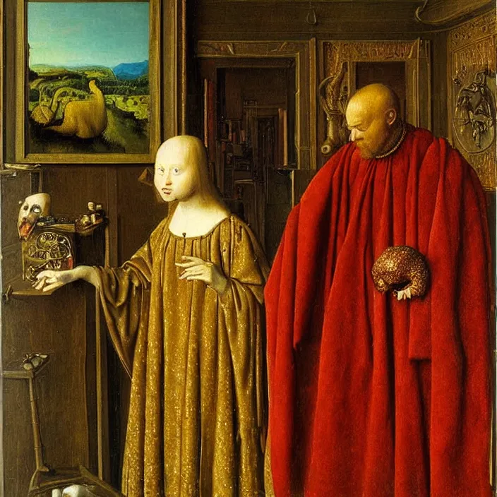 Image similar to infinity mirror with snail. painting by jan van eyck